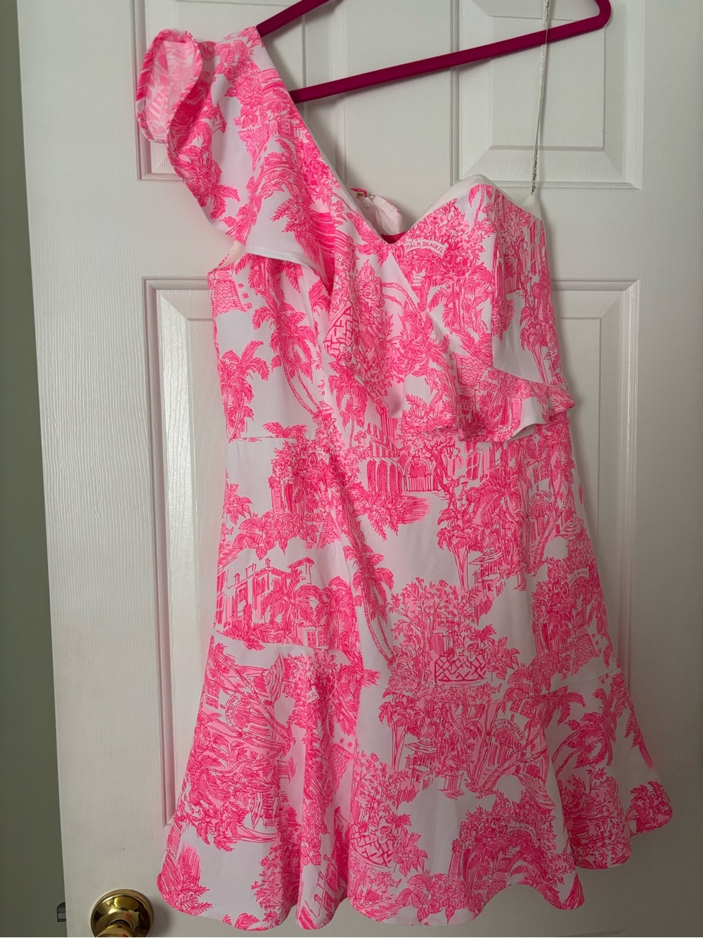 Lilly Pulitzer One-Shoulder Hot Pink and White Printed Dress